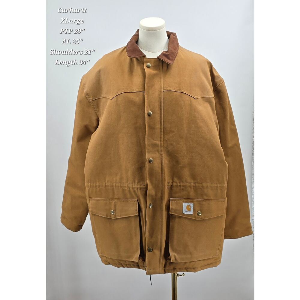 Vintage 1990s Carhartt XL Lined Canvas Chore Coa  Brown Duck Corduroy Collar